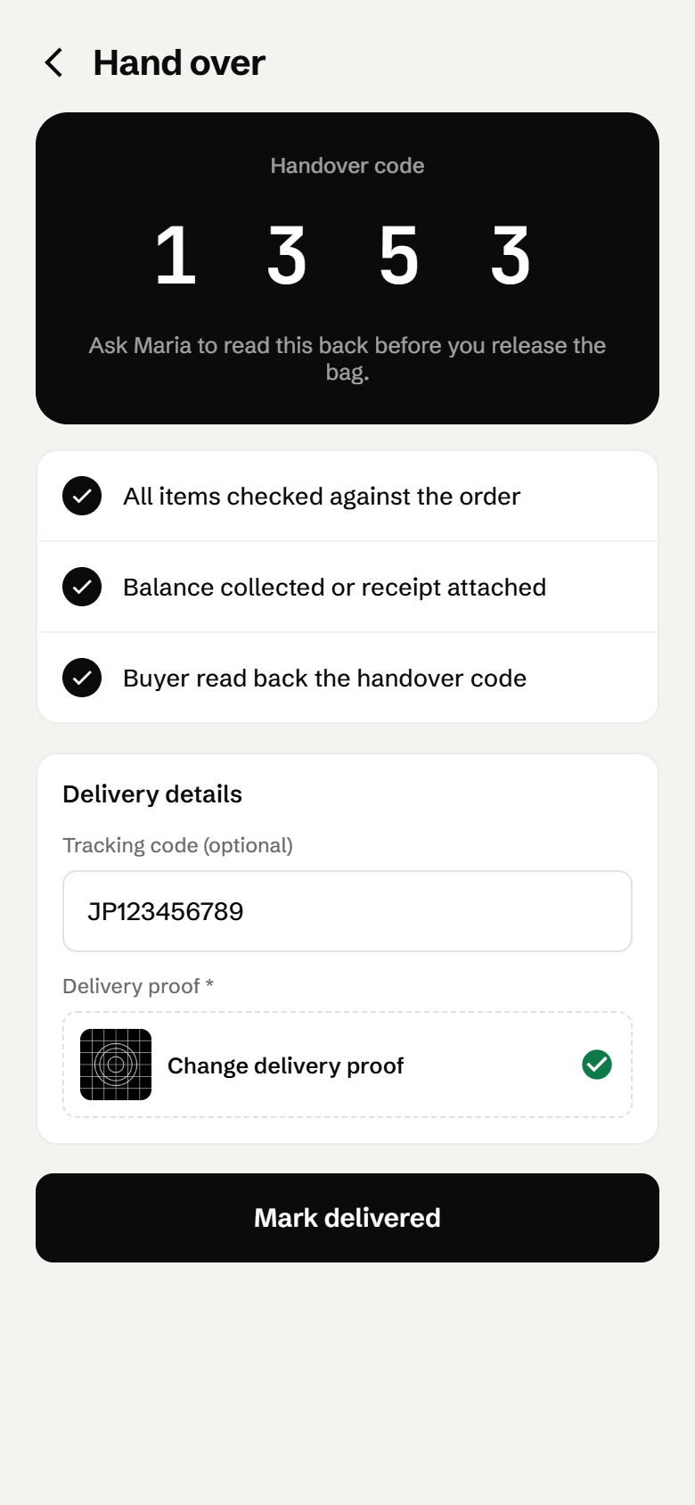 Hand-over screen with code and checklist