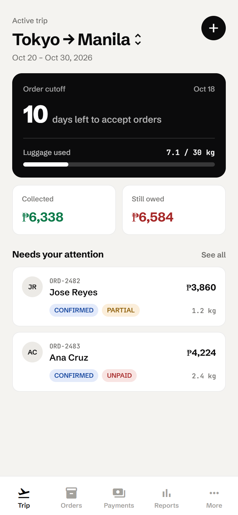 Trip home screen showing order cutoff countdown, luggage used and amounts collected